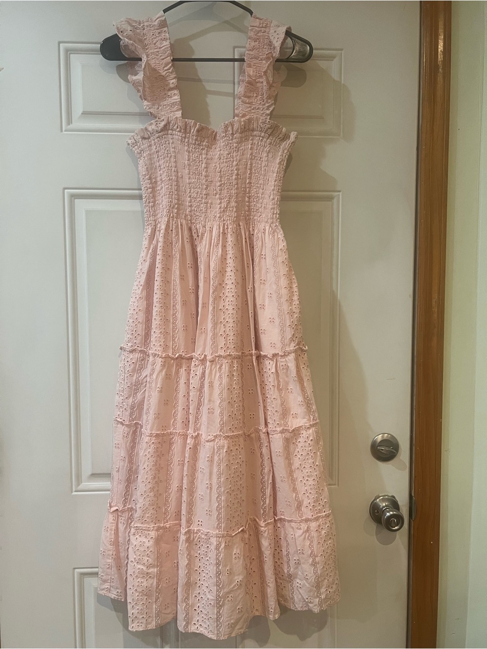 Hill House Home The Nap Dress Smocked Eyelet Tiered Midi Dress in Light Pink